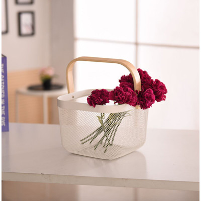 2021 New Storage Basket With Wooden Handles Metal Wire Portable Kitchen Square Mesh Basket