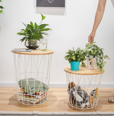 Metal Round Hollow-out Cage-based End Table with Wooden Top