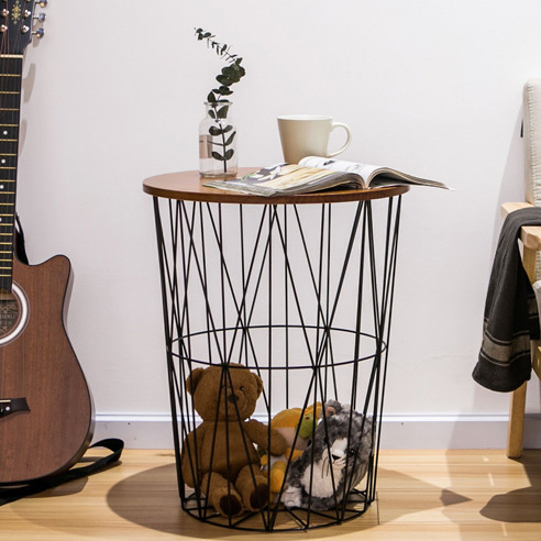 Metal Round Hollow-out Cage-based End Table with Wooden Top