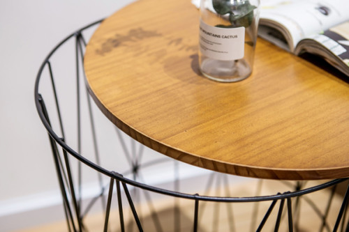 Metal Round Hollow-out Cage-based End Table with Wooden Top