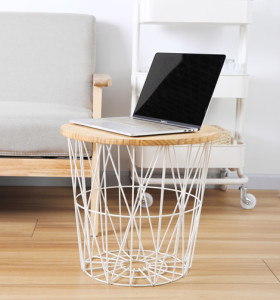 Hollow-out Cage-based Storage Basket with Wooden Top