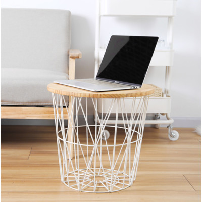 Hot Sale Multi-Function Iron Legs Side Table Solid Wooden Storage Design Living Room Basket Table