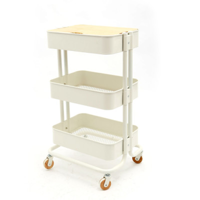 3 Tier Metal Rolling Cart Storage Organizer With Wooden Panel