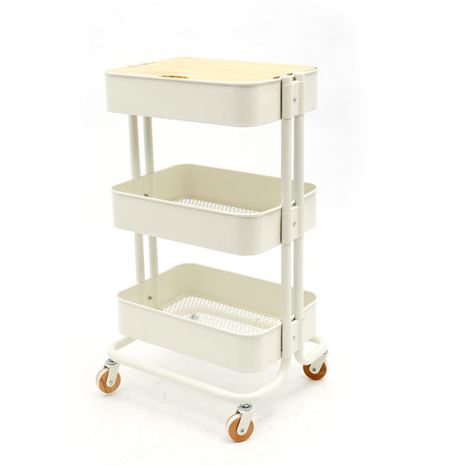 3 Tier Metal Rolling Cart Storage Organizer With Wooden Panel