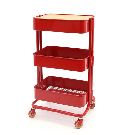 3 Tier Metal Rolling Cart Storage Organizer With Wooden Panel