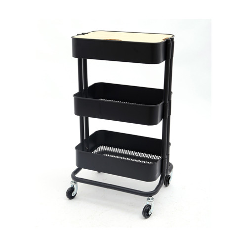 3 Tier Metal Rolling Cart Storage Organizer With Wooden Panel