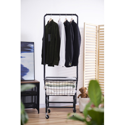 Rolling Clothing Garment Rack with Single Rod and Basket