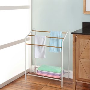 Standing Wood Wire Metal Bathroom Shelf Floor Drying Towel Holder Rack