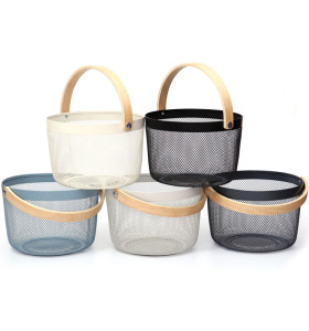 Modern Home Mesh Storage Basket Simple Iron Basket With Wooden Handles Wire Round Baskets
