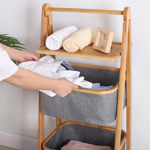 Folding Multi-layer Bamboo Laundry Hamper Basket Storage Laundry Basket Shelf