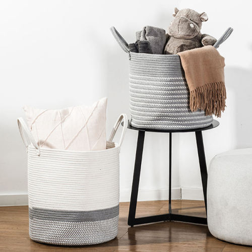 Round Cotton Rope Hand Woven Basket Laundry Woven Storage Baskets With Handles