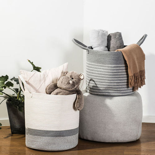 Round Cotton Rope Hand Woven Basket Laundry Woven Storage Baskets With Handles