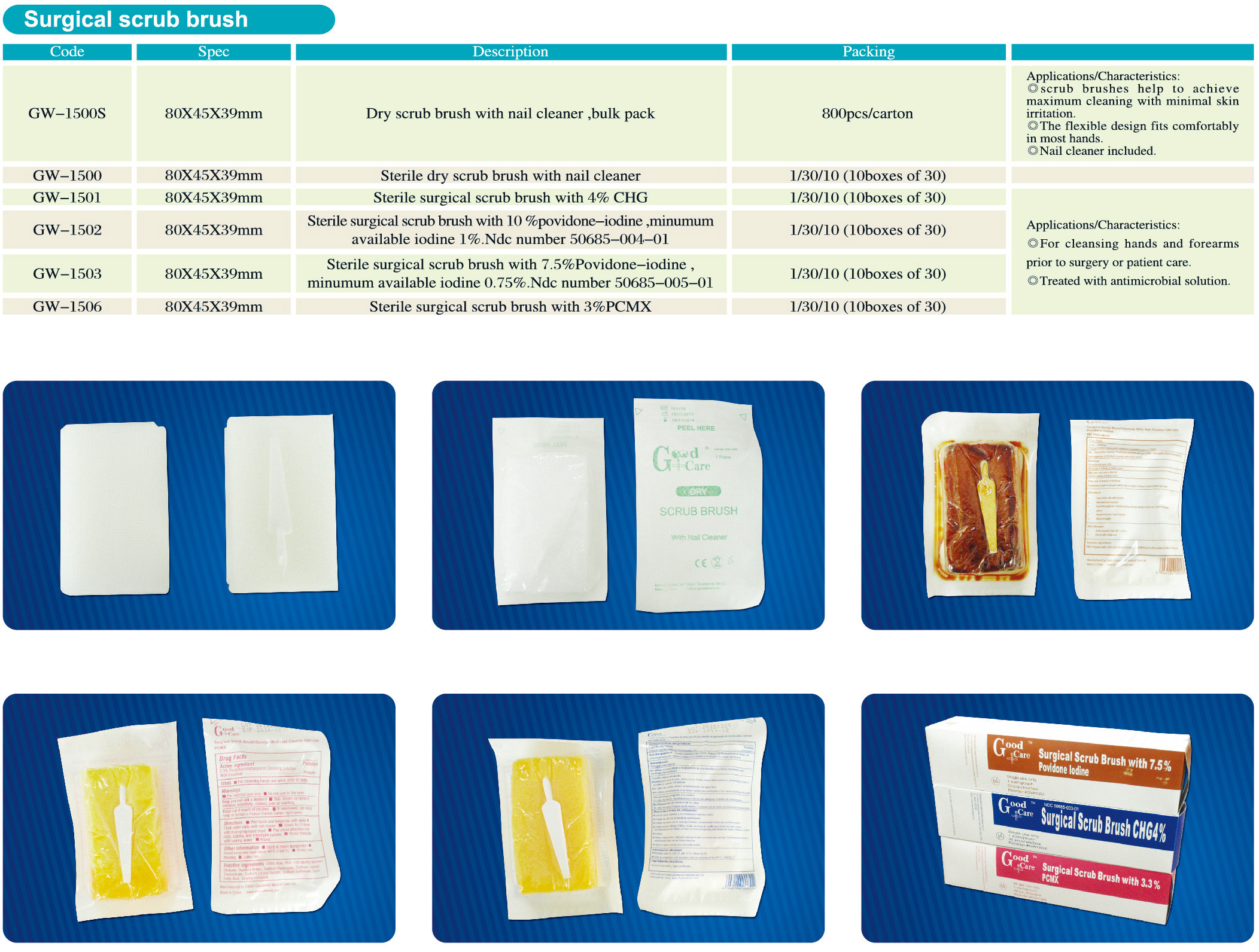 Surgical Scrub Brush Sterile With Dry/4% CHG/7.5% Povidone-iodine/3% PCMX Scrub Brush With Nail Cleaner