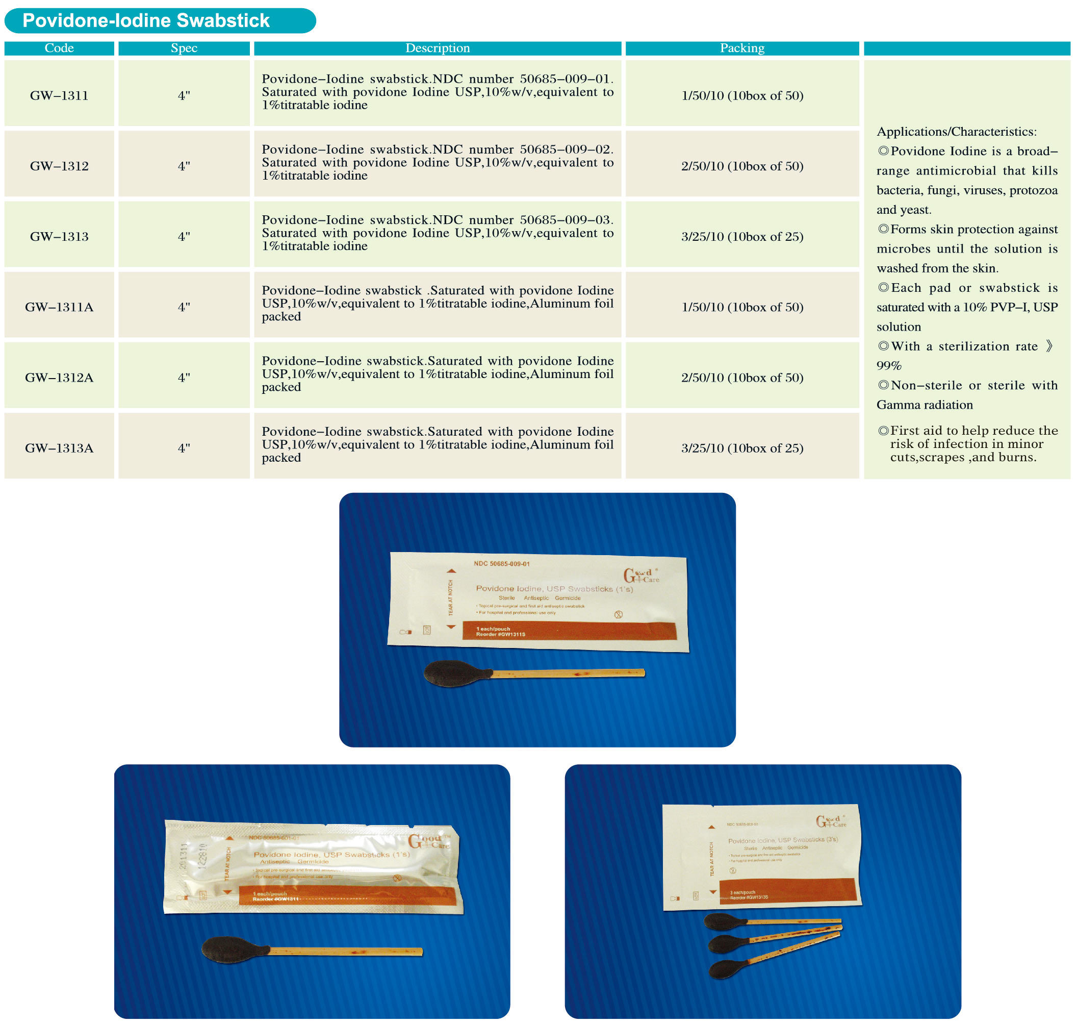 4" Povidone-Iodine Swabstick Disposable Lodophor Swab Aluminum Foil Packed