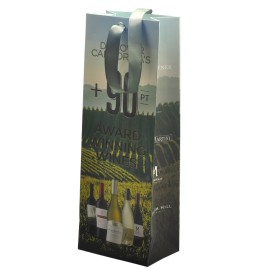 Fashion and luxury printed logo coated paper wine bags packaging with twisted cotton and ribbon handle