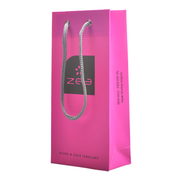 Hot Sale and fashionable matt lamination paper jewelry gift bags with cotton insert handles with PP rope
