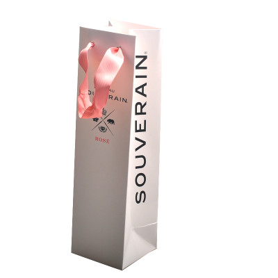 Fashional and high quality small paper wine bags with riboon handle made by china factory for wine