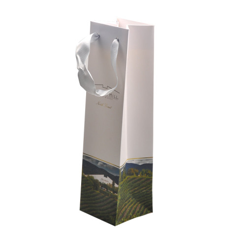 Fashional and high quality small paper wine bags with riboon handle made by china factory for wine