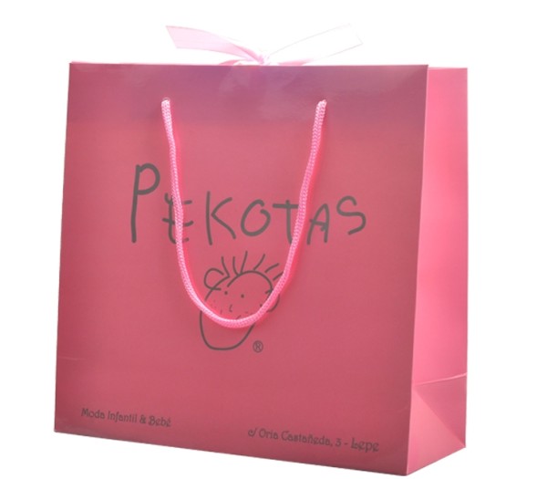 أكياس التسوق الورقية ذات اللون الوردي اللامع المخصصة مع شريط ومقبض قطن