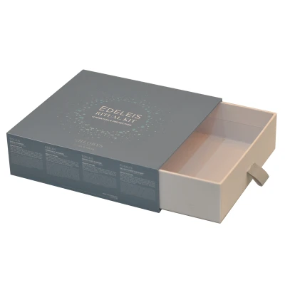 Elegant and luxury rigid cardboard cosmetic retail packaging drawer box with emboss logo