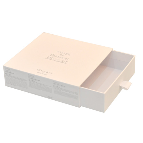 Elegant and luxury rigid cardboard cosmetic retail packaging drawer box with emboss logo