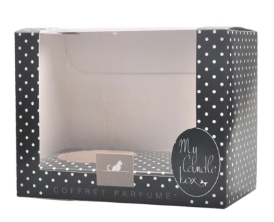 Fashionable black dot design decorative candle boxes with PVC window and paper insert