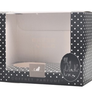 Fashionable black dot design decorative candle boxes with PVC window and paper insert