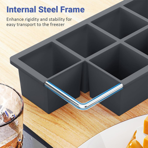 Factory Custom 6-Grid Square Silicone Cube Ice Mold Internal Steel Frame Whiskey Ice Mold Ice Cube Tray with Lids Cover