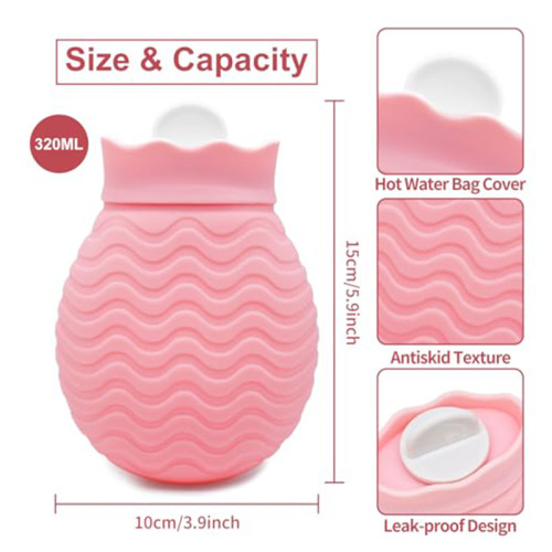 New Arrivals 320ml Pink Silicone Hot Water Bag Mini Silicone Hot Water Bottle with Cover for Pain Relief, Waist, Back, Neck, Shoulders