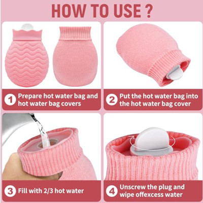 New Arrivals 320ml Pink Silicone Hot Water Bag Mini Silicone Hot Water Bottle with Cover for Pain Relief, Waist, Back, Neck, Shoulders