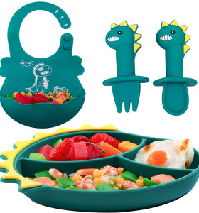 Wholesale Custom Dinosaur Silicone Dining Plate Food Grade Baby Bib Bowl Plate Spoons And Fork Feeding Set