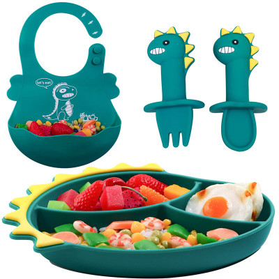 Wholesale Custom Dinosaur Silicone Dining Plate Food Grade Baby Bib Bowl Plate Spoons And Fork Feeding Set