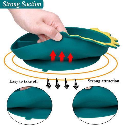 Wholesale Custom Dinosaur Silicone Dining Plate Food Grade Baby Bib Bowl Plate Spoons And Fork Feeding Set