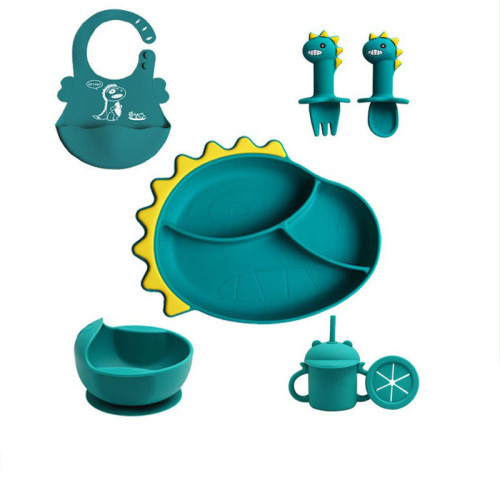 Wholesale Custom Dinosaur Silicone Dining Plate Food Grade Baby Bib Bowl Plate Spoons And Fork Feeding Set