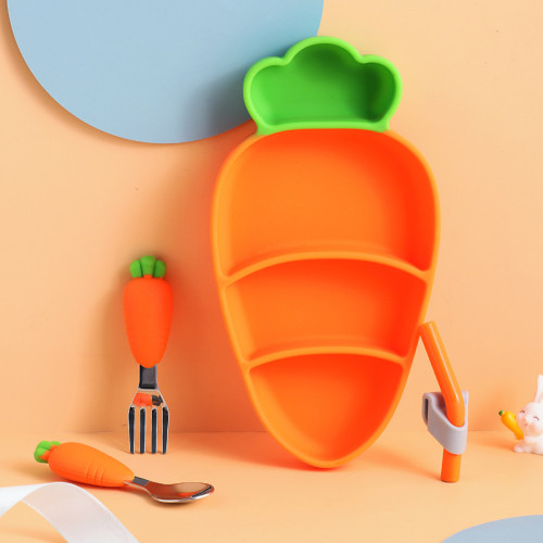 Factory Customized Cute Carrot Silicone Baby Dinner Plate With Spoon Fork Dinnerware Set