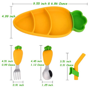 Yellow Carrot Silicone Baby Dining Plate Non-slip Easy to Clean Baby Plate With Spoon Fork Drinking Straw Dinnerware Set