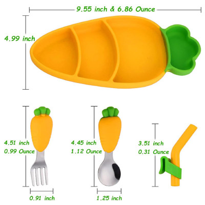Yellow Carrot Silicone Baby Dining Plate Non-slip Easy to Clean Baby Plate With Spoon Fork Drinking Straw Dinnerware Set
