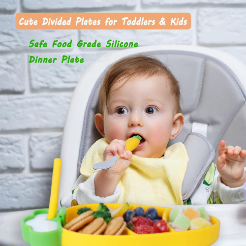 Yellow Carrot Silicone Baby Dining Plate Non-slip Easy to Clean Baby Plate With Spoon Fork Drinking Straw Dinnerware Set