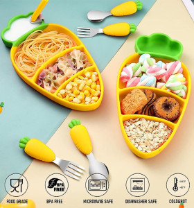 Yellow Carrot Silicone Baby Dining Plate Non-slip Easy to Clean Baby Plate With Spoon Fork Drinking Straw Dinnerware Set