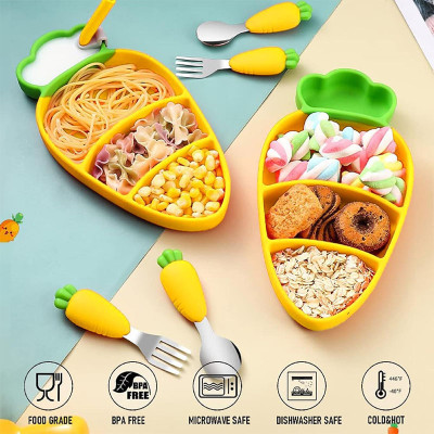 Yellow Carrot Silicone Baby Dining Plate Non-slip Easy to Clean Baby Plate With Spoon Fork Drinking Straw Dinnerware Set