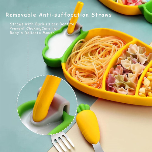 Yellow Carrot Silicone Baby Dining Plate Non-slip Easy to Clean Baby Plate With Spoon Fork Drinking Straw Dinnerware Set