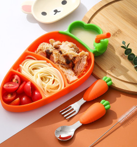 Factory Customized Cute Carrot Silicone Baby Dinner Plate With Spoon Fork Dinnerware Set
