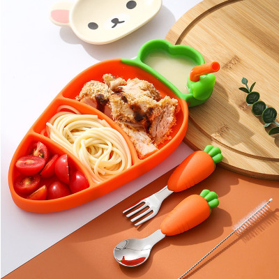 Factory Customized Cute Carrot Silicone Baby Dinner Plate With Spoon Fork Dinnerware Set