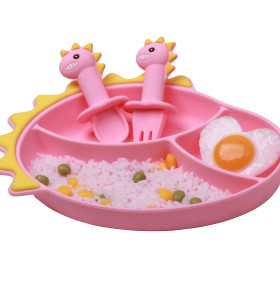 Silicone Plates Suction Plates for Baby with Spoon and Fork Set Kids Divided Grip Dish Self Feeding Training Baby Dinner Plate