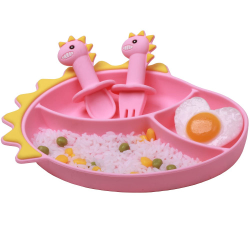 Silicone Plates Suction Plates for Baby with Spoon and Fork Set Kids Divided Grip Dish Self Feeding Training Baby Dinner Plate