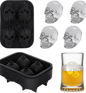 Custom 4 Cavity 3D Skull Shaped Silicone Ice Cube Mold Easy Release Ice Tray Mold With Lid for Cocktail Whiskey and Juices