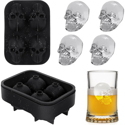 Custom 4 Cavity 3D Skull Shaped Silicone Ice Cube Mold Easy Release Ice Tray Mold With Lid for Cocktail Whiskey and Juices