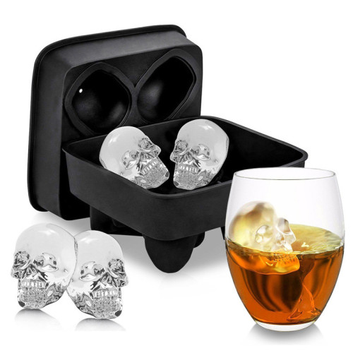 Custom 4 Cavity 3D Skull Shaped Silicone Ice Cube Mold Easy Release Ice Tray Mold With Lid for Cocktail Whiskey and Juices