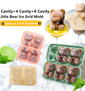 3D Cute Little Bear Silicone Ice Cube Mold Food Grade DIY Ice Cube Tray Children's Ice Cream Mold with Lid