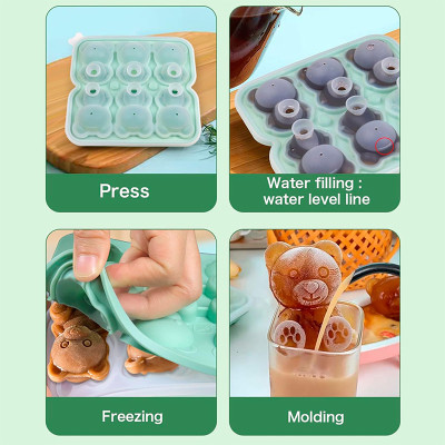 3D Cute Little Bear Silicone Ice Cube Mold Food Grade DIY Ice Cube Tray Children's Ice Cream Mold with Lid